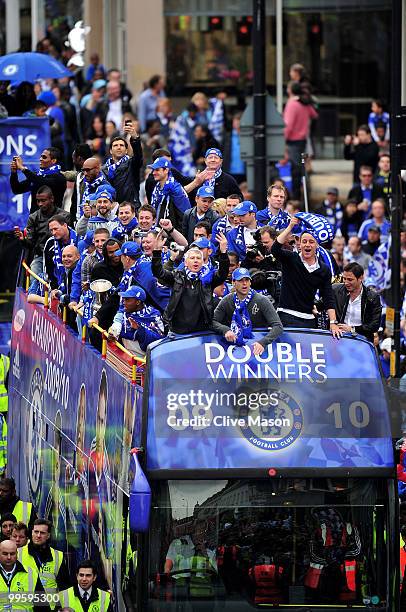 John Terry and the Chelsea Football Team parade their silverware on an open top bus on the Kings Road, Chelsea, on May 16, 2010 in London, England.