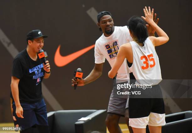 Player Kevin Durant of Golden State Warriors attends NIKE Rise Academy activity during his trip to China on July 7, 2018 in Guangzhou, Guangdong...