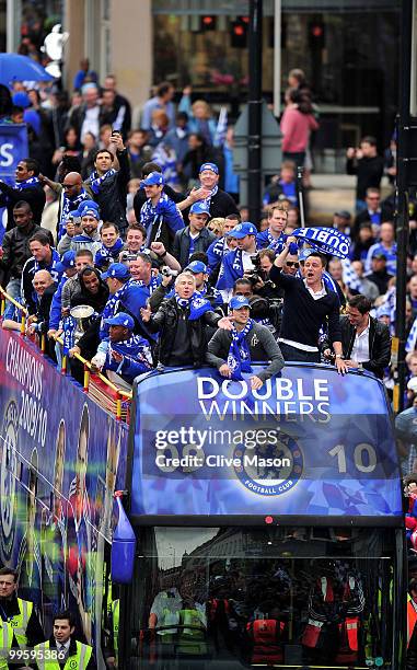 John Terry and Frank Lampard and the Chelsea Football Team parade their silverware on an open top bus on the Kings Road, Chelsea, on May 16, 2010 in...
