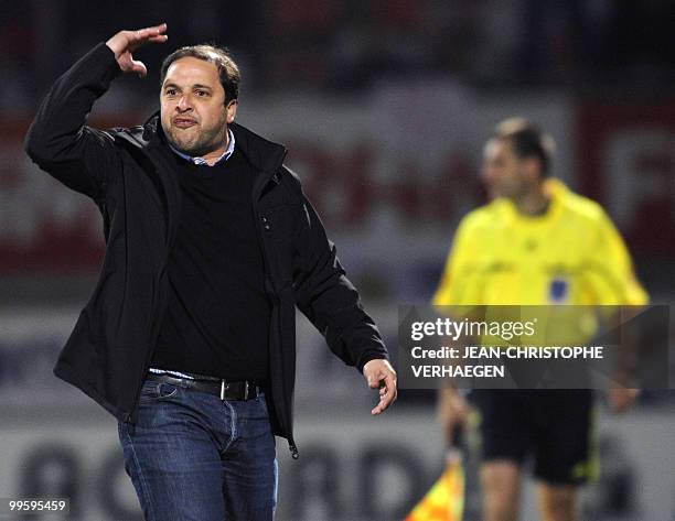 Nancy's Uruguayan coach Pablo Correa reacts during the French L1 football match Nancy vs. Valenciennes at the Marcel-Picot Stadium, on May 15, 2010...