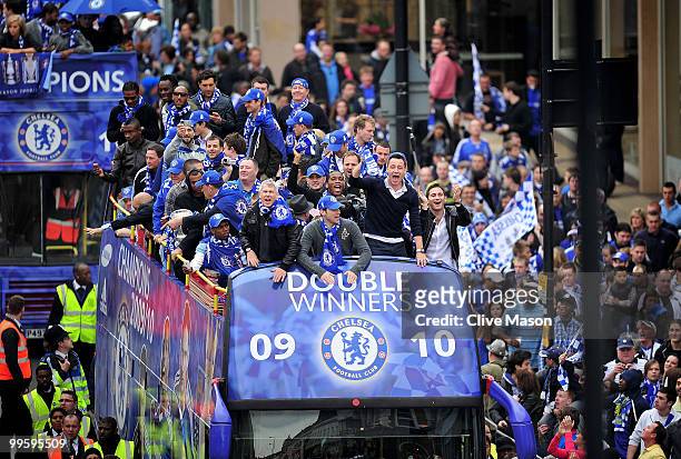 John Terry, Frank Lampard and the Chelsea Football Team parade their silverware on an open top bus on the Kings Road, Chelsea, on May 16, 2010 in...
