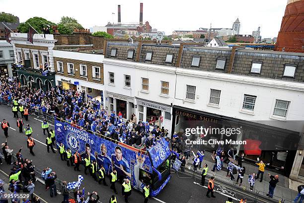 The Chelsea Football Team parade their silverware on an open top bus on the Kings Road, Chelsea, on May 16, 2010 in London, England.