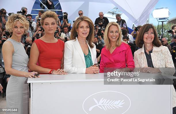 Meg Ryan, Director Lucy Walker, Queen Noor of Jordan, Valerie Plame Wilson and Diane Weyermann attend the "Countdown To Zero" Photocall at the Palais...