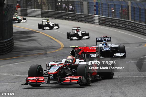 Lewis Hamilton of Great Britain and McLaren Mercedes drives during the Monaco Formula One Grand Prix at the Monte Carlo Circuit on May 16, 2010 in...