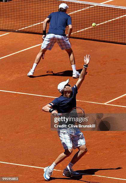 Mike Bryan and Bob Bryan of the USA in action against Daniel Nestor of Canada and Nenad Zimonjic of Serbia in the mens doubles final match during the...