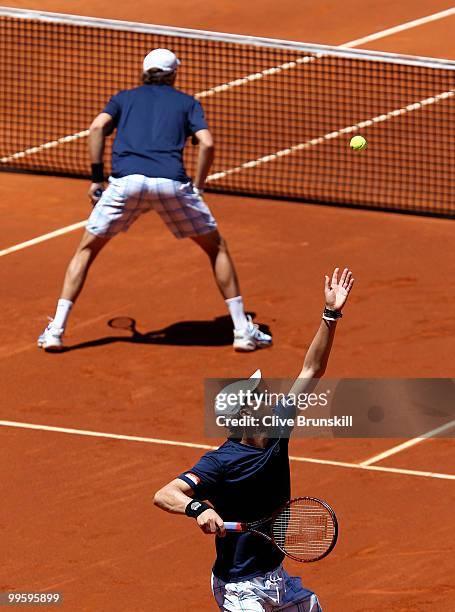 Mike Bryan and Bob Bryan of the USA in action against Daniel Nestor of Canada and Nenad Zimonjic of Serbia in the mens doubles final match during the...