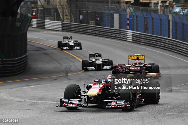 Sebastien Buemi of Switzerland and Scuderia Toro Rosso drives during the Monaco Formula One Grand Prix at the Monte Carlo Circuit on May 16, 2010 in...