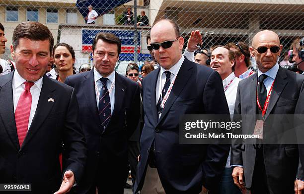 Prince Albert II of Monaco is shown around the F1 grid before the start of the Monaco Formula One Grand Prix at the Monte Carlo Circuit on May 16,...