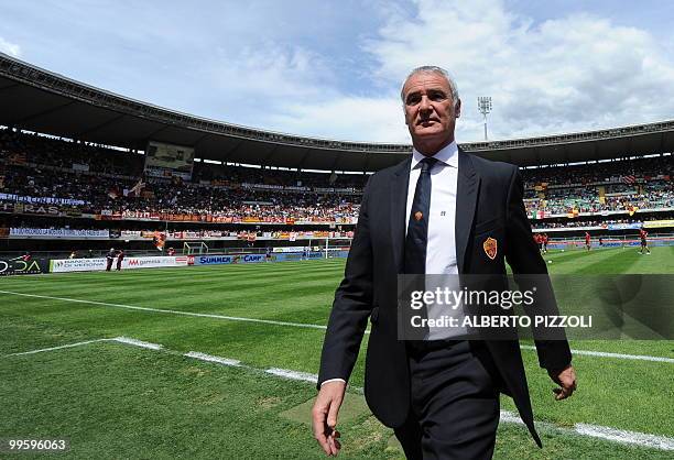 Roma's coach Claudio Ranieri walks prior during his team's last Italian serie A football match af the season against Chievo, at Marc'Antonio...