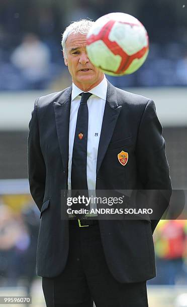 Roma's coach Claudio Ranieri stands prior during his team's last Italian serie A football match af the season against Chievo, at Marc'Antonio...