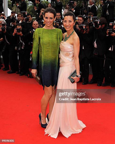 Evangeline Lilly and Michelle Yeoh attend the 'You Will Meet A Tall Dark Stranger' Premiere held at the Palais des Festivals during the 63rd Annual...