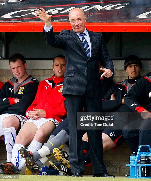 Manager of Morecombe Sammy McIlroy gives instructions during the Coca Cola League Two Playoff Semi Final 1st Leg match between Dagenham & Redbridge...