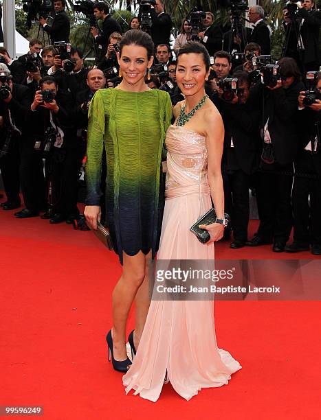 Evangeline Lilly and Michelle Yeoh attend the 'You Will Meet A Tall Dark Stranger' Premiere held at the Palais des Festivals during the 63rd Annual...