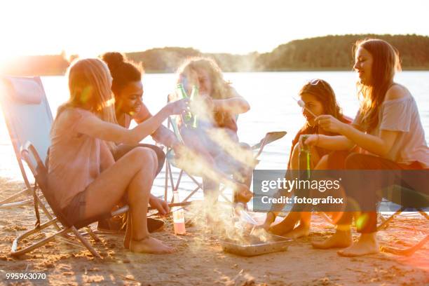 groep van jonge vrouwen genieten van een zorgeloze zomerdag op een meer - beach bbq stockfoto's en -beelden