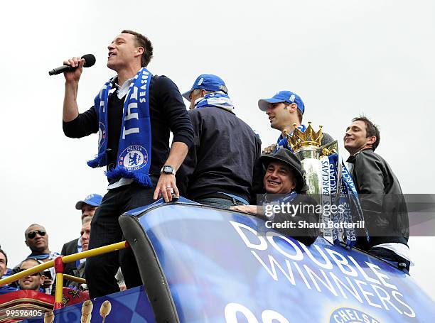 Chelsea captain John Terry sings to the crowd during the Chelsea FC Victory Parade on May 16, 2010 in London, England.