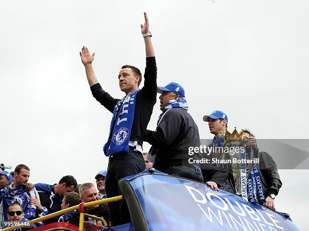 Chelsea captain John Terry sings to the crowd during the Chelsea FC Victory Parade on May 16, 2010 in London, England.