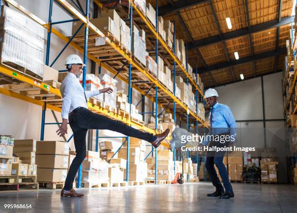 two happy men warehouse managers celebrating success and expressing excitement. - halfpoint stock-fotos und bilder