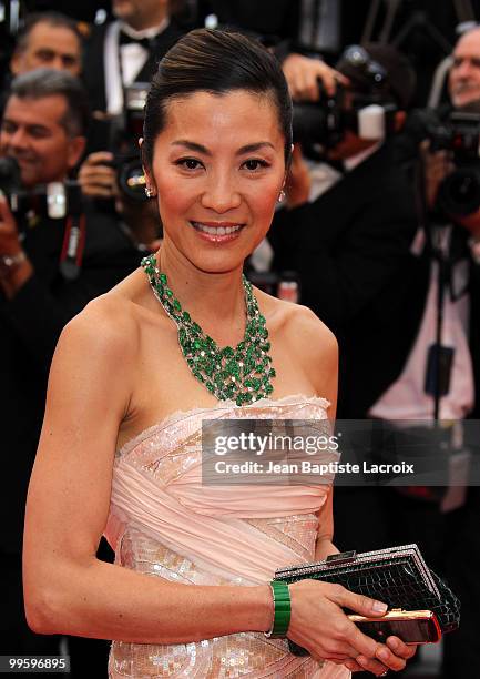 Michelle Yeoh attends the 'You Will Meet A Tall Dark Stranger' premiere at the Palais des Festivals during the 63rd Annual Cannes Film Festival on...