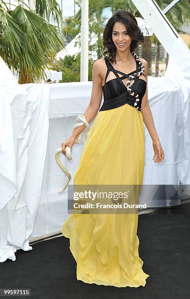 Actress Mallika Sherawat poses with a snake at the "Hisss" Photocall at the Salon Martha Barriere at Majestic Hotel during the 63rd Annual Cannes...