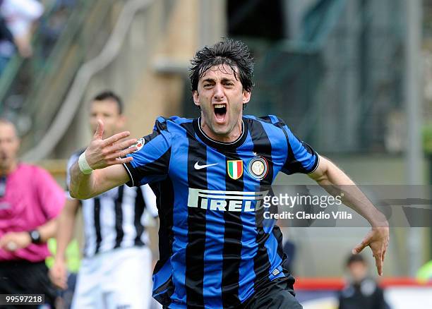 Diego Milito of Inter Milan celebrates after scoring his team's first goal during the Serie A match between AC Siena and FC Internazionale Milano at...