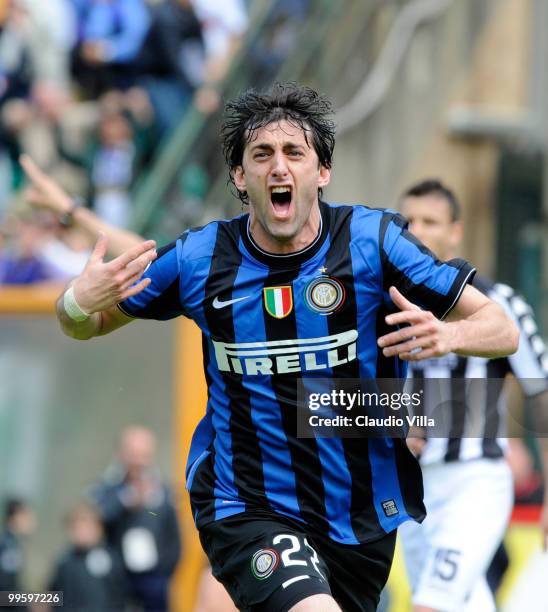 Diego Milito of Inter Milan celebrates after scoring his team's first goal during the Serie A match between AC Siena and FC Internazionale Milano at...