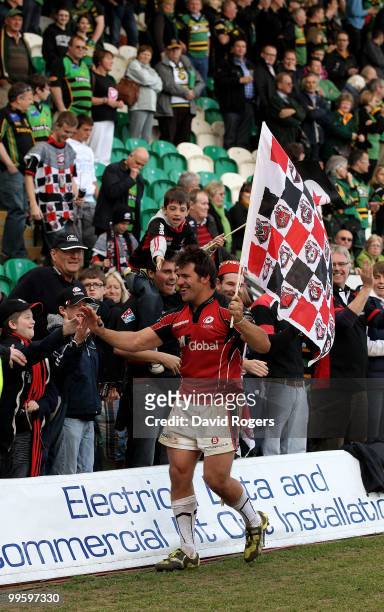Schalk Brits, of Saracens who scored the match winning try celebrates with fans after the Guinness Premiership semi final match between Northampton...