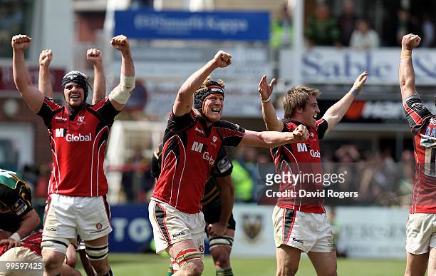 Hugh Vyvyan of Saracens celebrates with team mates after their win in the Guinness Premiership semi final match between Northampton Saints and...