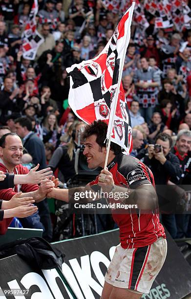 Schalk Brits, of Saracens who scored the match winning try celebrates with fans after the Guinness Premiership semi final match between Northampton...