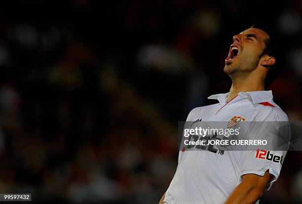 Sevilla's midfielder Alvaro Negredo gestures during a Spanish league football match against Almeria at Juegos del Mediterraneo stadium in Almeria on...