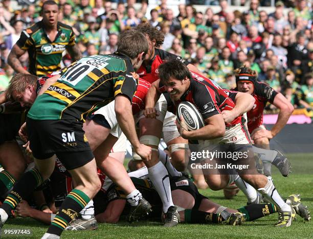 Schalk Brits of Saracens breaks around the ruck to score the winning try during the Guinness Premiership semi final match between Northampton Saints...