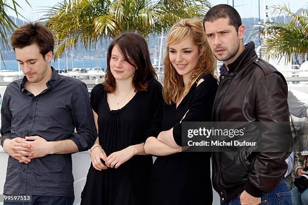 Gregoire Leprince-Ringuet, Pauline Etienne, Louise Bourgoin and Melvil Poupaud attend the 'Black Heaven' Photocall at the Palais des Festivals during...