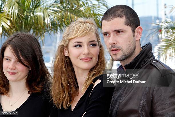 Pauline Etienne, Louise Bourgoin and Melvil Poupaud attend the 'Black Heaven' Photocall at the Palais des Festivals during the 63rd Annual Cannes...