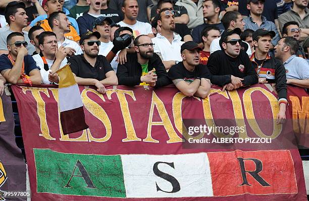 Roma's supporters react during their team's Italian serie A football match against Chievo, at Marc'Antonio Bentegodi stadium in Verona on May 16,...