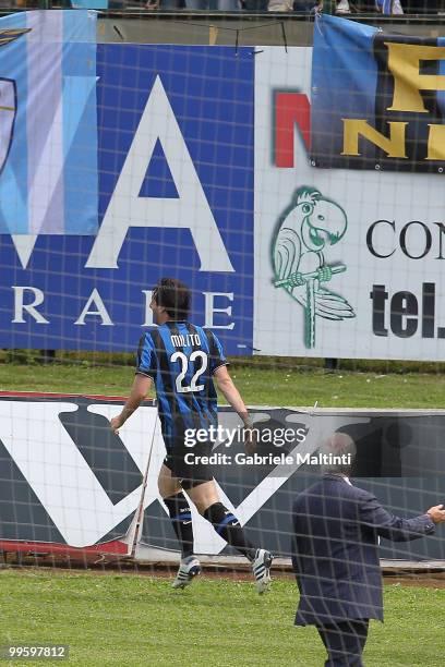 Diego Milito of FC Internazionale Milano celebrates the goal during the Serie A match between AC Siena and FC Internazionale Milano at Stadio Artemio...