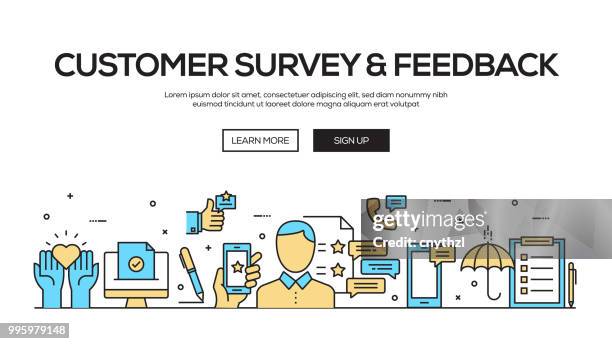 kundenbefragung und feedback flache linie web-banner-design - service excellence cartoon stock-grafiken, -clipart, -cartoons und -symbole