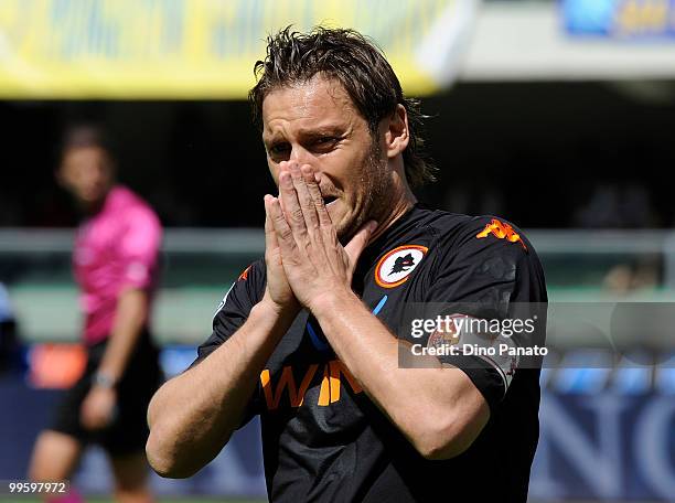 Francesco Totti of Roma show his dejection during the Serie A match between AC Chievo Verona and AS Roma at Stadio Marc'Antonio Bentegodi on May 16,...