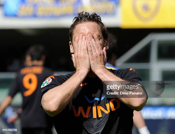 Francesco Totti of Roma shows dejection during the Serie A match between AC Chievo Verona and AS Roma at Stadio Marc'Antonio Bentegodi on May 16,...