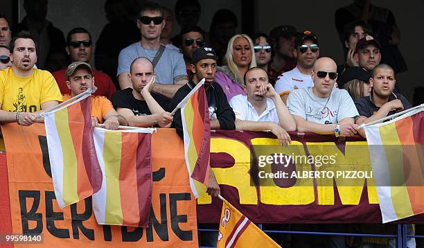 Roma's supporters react during their team's Italian serie A football match against Chievo, at Marc'Antonio Bentegodi stadium in Verona on May 16,...
