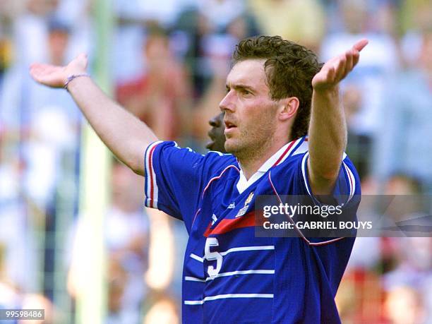 French Laurent Blanc jubilates after the1998 Soccer World Cup second round match between France and Paraguay 28 June at the Felix Bollaert stadium in...