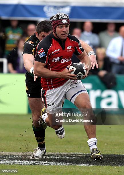 Schalk Brits of Saracens charges upfield during the Guinness Premiership semi final match between Northampton Saints and Saracens at Franklin's...
