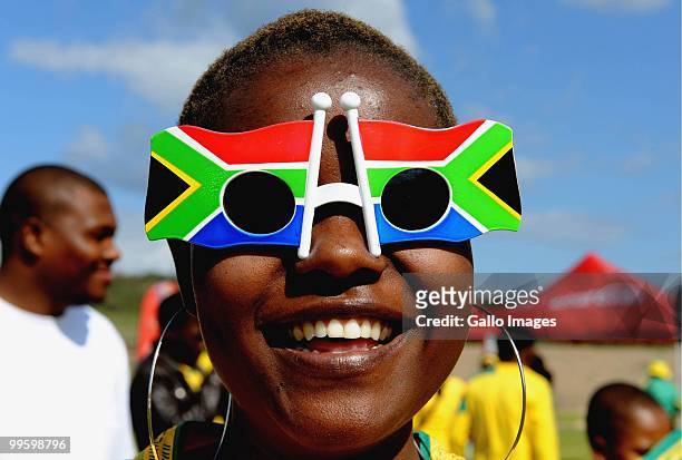 South African fan is pictured ahead of the International Friendly match between South Africa and Thailand from Mbombela Stadium on May 16, 2010 in...
