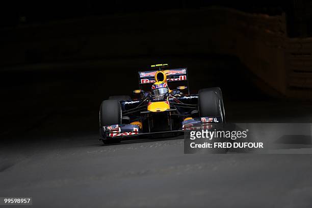 Red Bull's Australian driver Mark Webber drives at the Monaco street circuit on May 16 during the Monaco Formula One Grand Prix. AFP PHOTO / FRED...
