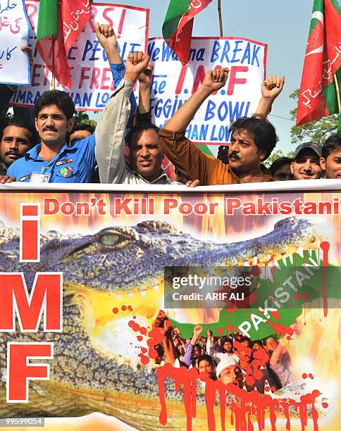 Pakistan activists of Tehreek-e-Insaf protest against IMF funding in Lahore on May 16, 2010. Islamabad approached the IMF in 2008 for a rescue...