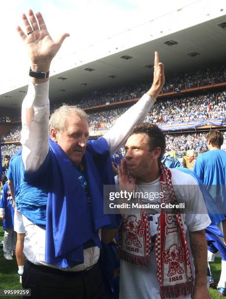 Head coach Luigi Del Neri and Antonio Cassano of UC Sampdoria celebrate fourth place and the Champions League qualification after the Serie A match...