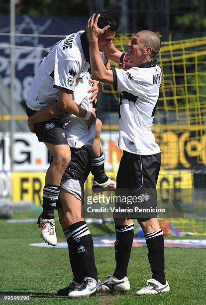 Davide Lanzafame of Parma FC celebrates his goal with Stefano Morrone during the Serie A match between Parma FC and AS Livorno Calcio at Stadio Ennio...