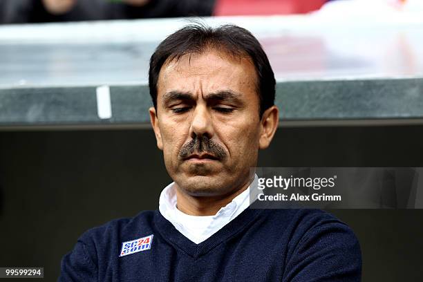Head coach Jos Luhukay of Augsburg reacts before the Bundesliga play off leg two match between FC Augsburg and 1. FC Nuernberg at the Impuls Arena on...