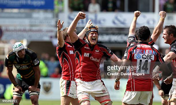 Hugh Vyvyan of Saracens celebrates with team mates after their win in the Guinness Premiership semi final match between Northampton Saints and...