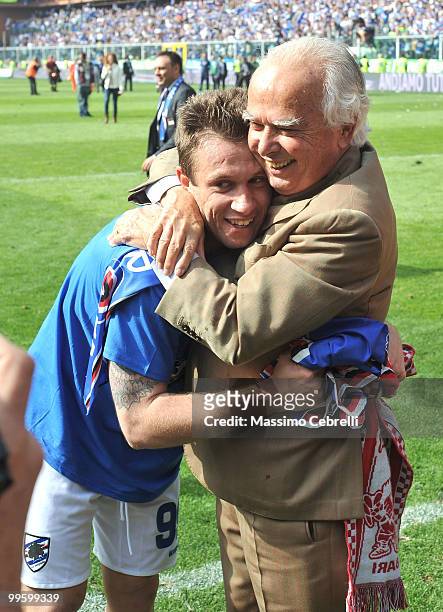 Antonio Cassano and President Riccardo Garrone of UC Sampdoria hug each other celebrating fourth place and the Champions League qualification after...