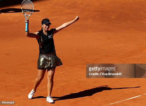 Aravane Rezai of France celebrates match point against Venus Williams of the USA in the womens final match during the Mutua Madrilena Madrid Open...