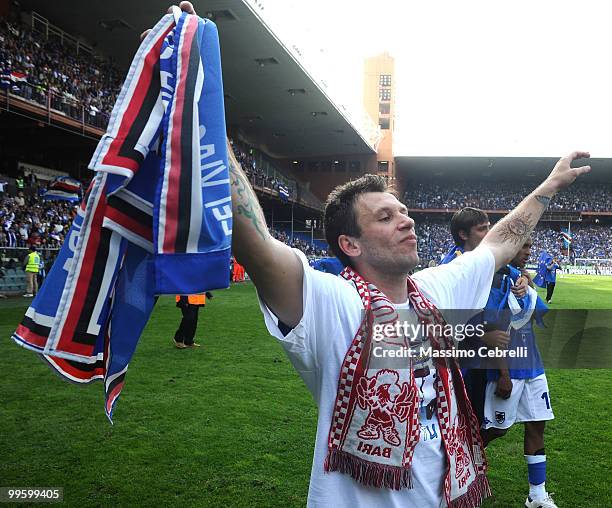 Antonio Cassano of UC Sampdoria celebrates fourth place and the Champions League qualification after the Serie A match between UC Sampdoria and SSC...